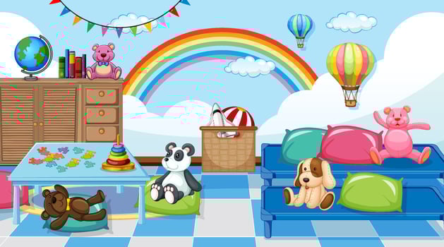 Empty kindergarten classroom interior with many kid toys vector