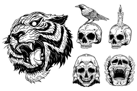 Bundle Set Skull Beast Crown Dark illustration Devil Demon Horror Skull Head Hand drawn Hatching Tattoo Merchandise T-shirt Merch vintage vector
