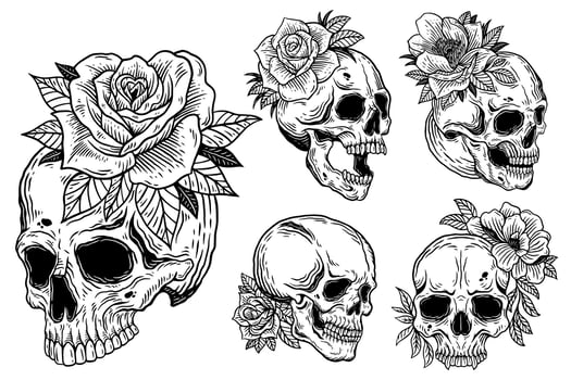 Bundle Set Skull Rose Dark illustration Devil Demon Horror Skull Bones Head Hand drawn Hatching Symbol Tattoo Merchandise T-shirt Merch vintage vector