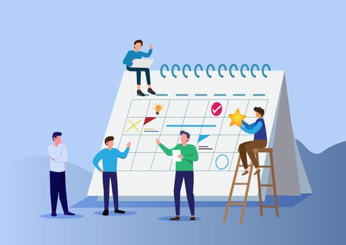 project calendar schedule with office team working together and discuss - vector