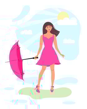 Happy woman with umbrella in a park. After the rain, the sun peeks out from behind the cloud. Summer changeable weather, healthy lifestyle and recreation leisure activity. vector