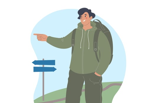 Happy male traveler or tourist point with finger direction or way in expedition vector