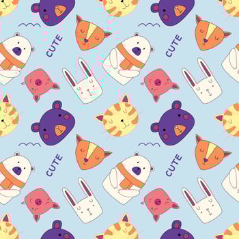 Seamless Pattern With Cute Animal Faces In Doodle Style. Childrens Print For Fabric, Notebooks, Wrapping Paper. vector