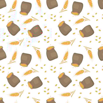 Seamless pattern with golden ear of wheat and sack on white background. Print grains for making flour and cereals, baking bread and other food products. Vector flat illustration