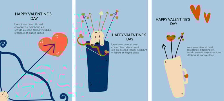 Set of vertical cards, banners with dog, arrows, hearts for Valentine's Day. Vector holiday illustration of hand drawing style.
