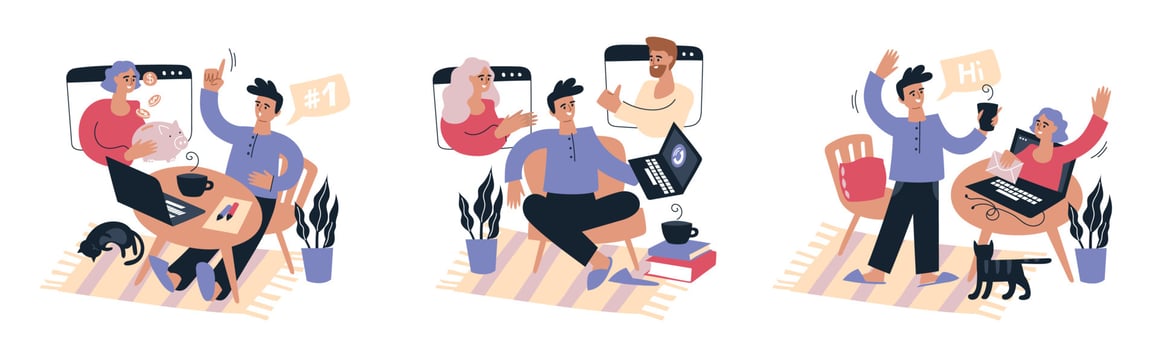 Online work. Work from home. A man with a laptop works, holds online meetings and negotiations. People and business. Set of illustrations. Vector image.