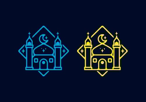 Yellow and blue in dark background of Big Mosque flat illustration ramadan theme vector