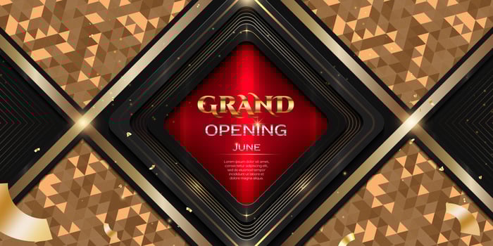 Grand Opening ceremony Banner with golden triangular pattern and shiny lines vector