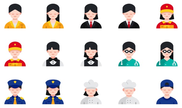 Set of Vector Icons Related to Avatars. Contains such Icons as Reception, Business Woman, Bartender, Doctor, Police, Chef and more.