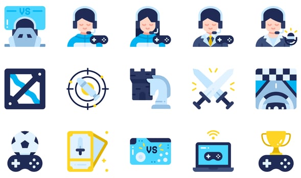 Set of Vector Icons Related to Esports. Contains such Icons as Esports, Coaching, Fighting Game, Racing Game , Mobile Game, Online Gaming and more.