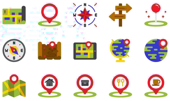 Set of Vector Icons Related to Maps And Navigation. Contains such Icons as Map, Placeholder, Cardinal, Direction, Navigation, Location and more.