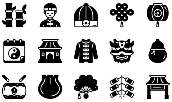 Set of Vector Icons Related to Chinese New Year. Contains such Icons as Bamboo, Chinese Hat, Chinese Lantern, Chinese New Year , Dumpling, Fireworks and more.