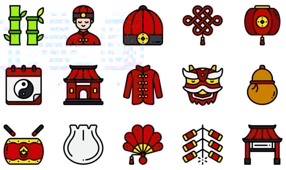 Set of Vector Icons Related to Chinese New Year. Contains such Icons as Bamboo, Chinese Hat, Chinese Lantern, Chinese New Year , Dumpling, Fireworks and more.