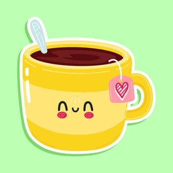 Cute funny yellow cup of tea sticker character. Vector hand drawn cartoon kawaii character illustration icon. Isolated on white background. Yellow cup of tea sticker