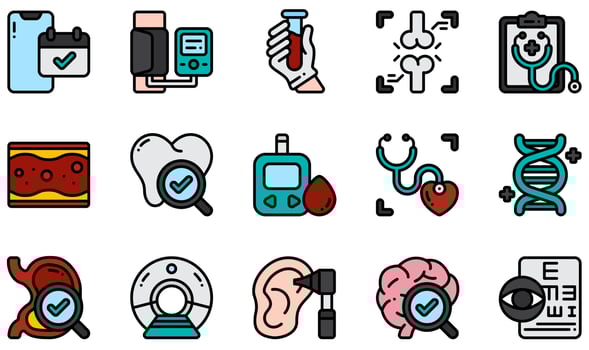 Set of Vector Icons Related to Health Checkup. Contains such Icons as Appointment, Blood Pressure, Blood Test, Checkup, Heart Check, Eye Exam and more.