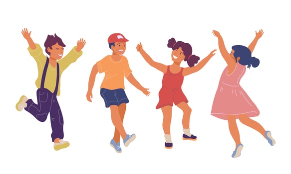 Happy joyful kids jumping and having fun together at school or kindergarten in flat vector illustration isolated on white. Leisure and education with children characters.