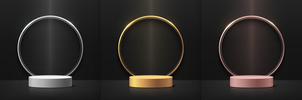 Three modern display stands in different colors vector