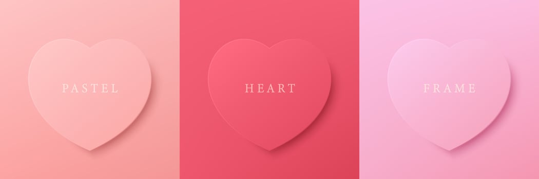 Set of pastel pink, and red 3D heart shape frame design. Elements for valentine day festival design. Collection of geometric backdrop for cosmetic product display. Top view. Vector illustration