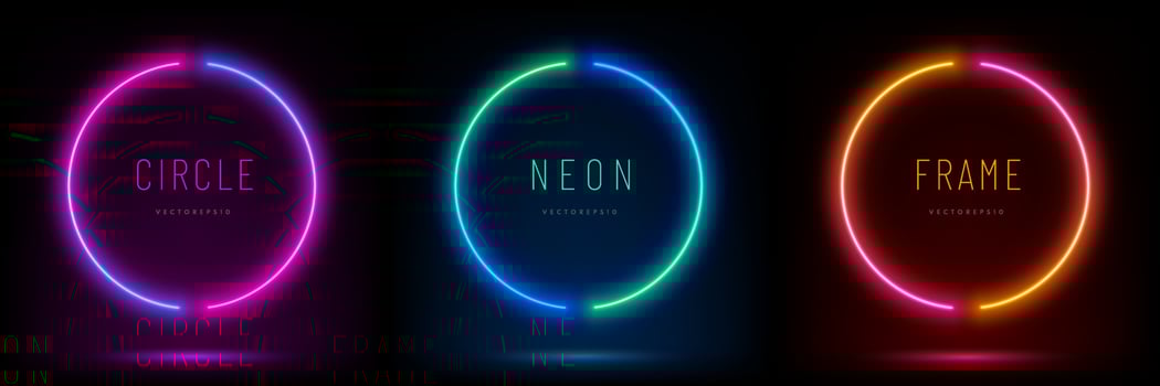 Set of blue, red-purple, green illuminate frame design. Abstract cosmic vibrant color circle backdrop. Collection of glowing neon lighting on dark background with copy space. Top view futuristic style vector