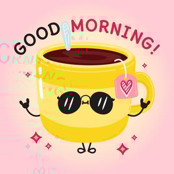 Cute funny yellow cup of tea good morning card. Vector hand drawn cartoon kawaii character illustration icon. Isolated on white background. Yellow cup of tea character concept