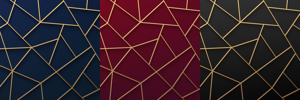 Set of abstract 3D luxury golden geometric stripes line on Dark blue, Red and black background. Polygonal triangle pattern collection design. Can use for cover, poster, banner web, flyer, Print ad. vector
