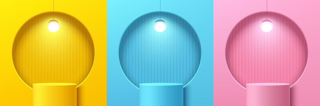 Set of abstract yellow, pink and blue cylinder pedestal or podium with circle window and hanging lamp. Pastel scene collection. Vector rendering geometric platform for product display presentation.