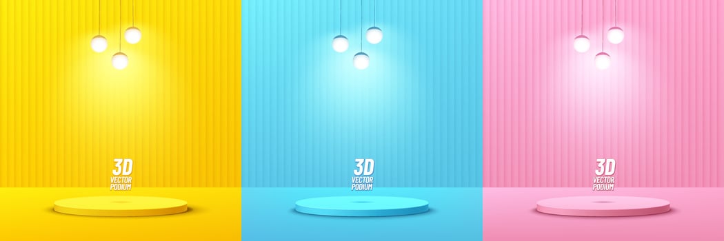 Set of abstract yellow, pink and blue cylinder pedestal or podium with hanging lamp. Pastel scene collection. Vector rendering geometric platform for product display presentation. Studio room concept.