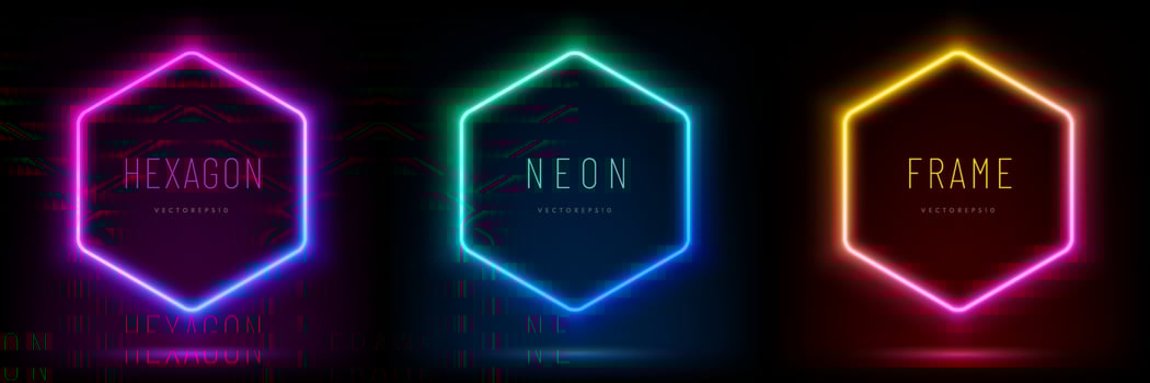 Set of pink-blue, red-purple, green illuminate hexagon frame design. Abstract cosmic vibrant color geometric backdrop. Collection of glowing neon lighting on dark background with copy space. Top view. vector