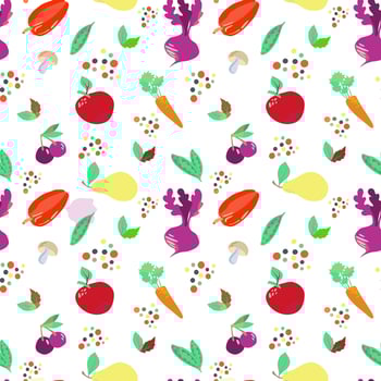 Seamless food pattern on white background. World Food Day. October 16. Vegetables and fruits, mushrooms, herbs and spices. Suitable for textiles and packaging vector