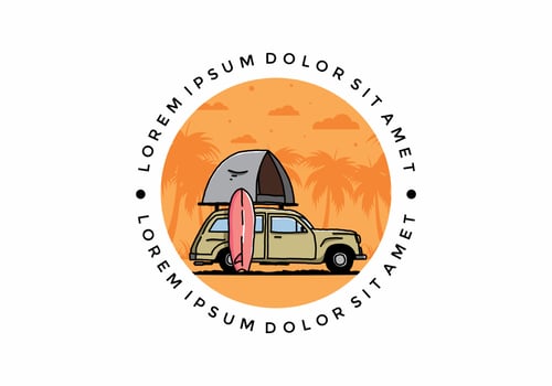 Illustration of car with a roof tent and a surfboard on the side vector