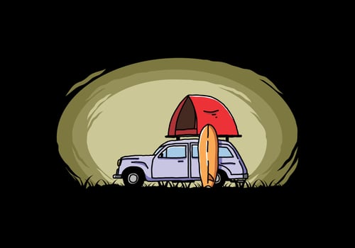 Illustration of car with a roof tent and a surfboard on the side vector