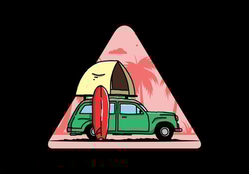 Illustration of car with a roof tent and a surfboard on the side vector