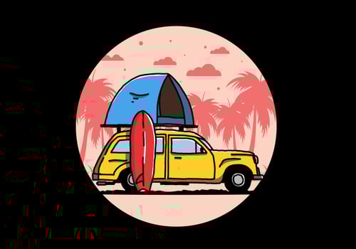 Illustration of car with a roof tent and a surfboard on the side vector