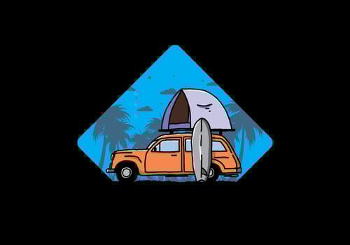 Illustration of car with a roof tent and a surfboard on the side vector