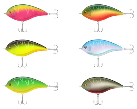 colored plastic wobbler with a triple hook for catching fish vector illustration isolated on white background