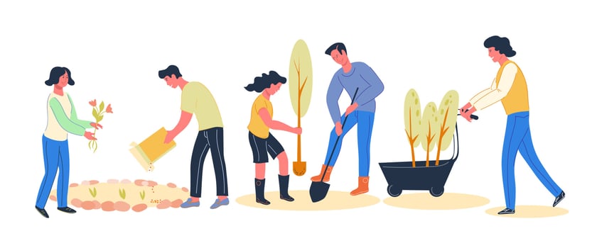 Banner with volunteers people cartoon characters planting trees and flowers together in city park, vector flat illustration isolated. Spring renovations and urban environment improving.