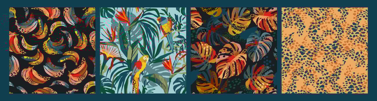 Set of abstract tropical seamless patterns. Parrots, bananas, tropical plants. Modern exotic design for paper, cover, fabric, interior decor and other users. vector