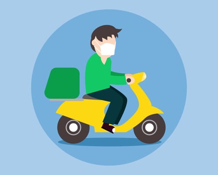 Covid-19 crisis. Delivery man wear face mask and send order with motorbike. Cartoon vector style for your design