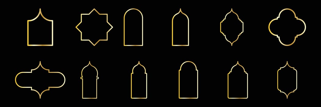 set of arabic window on gold. Mosque frame vector illustration