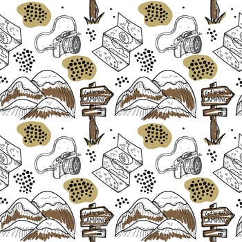 A seamless pattern of hand-drawn doodle-style elements. Illustration for local tourism. Mountains, terrain map and signpost. Vector image of items for camping or hiking on white background