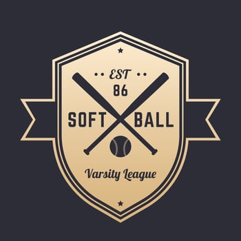 Softball vintage logo, badge, emblem design with crossed bats, gold on dark, vector illustration