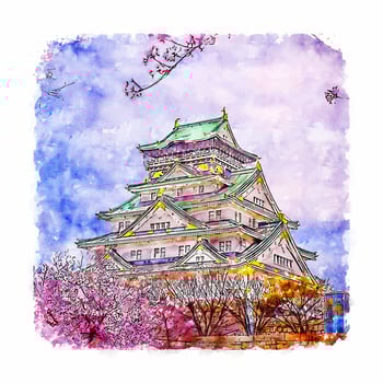 Osaka Castle Japan Watercolor sketch hand drawn illustration vector