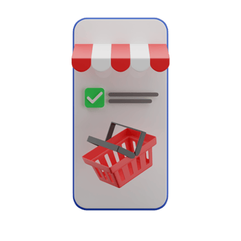3D purple mobile phone with empty red basket, checklist, and awning. png