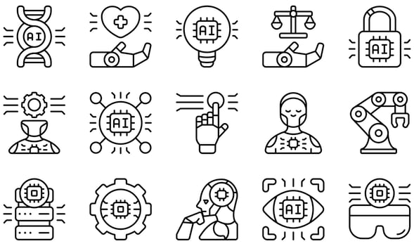 Set of Vector Icons Related to Artificial Intelligence. Contains such Icons as Healthcare, Idea, Law, Machine Learning, Robotic, Robotic Arm and more.