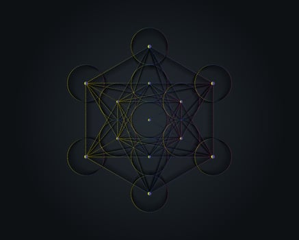 Metatrons Cube, Flower of Life. Sacred geometry. Mystic icon platonic solids Merkabah, abstract geometric colorful gradient design, crop circles sign. Graphic logo element Vector isolated  on black
