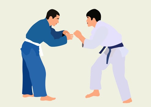 Athlete judoist in a duel, fight. Judo sport, martial art. Isometric flat style. vector