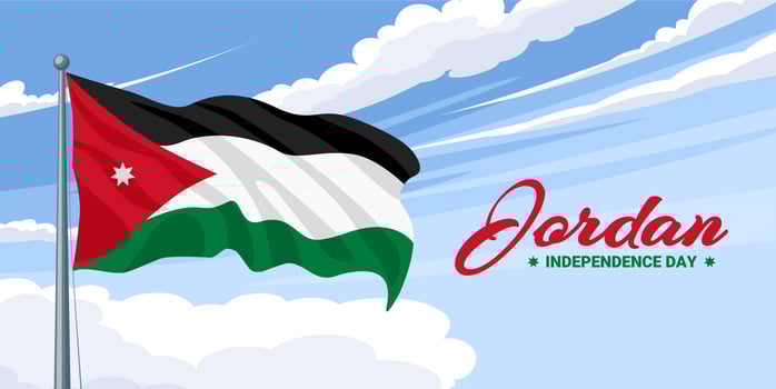 Jordan independence day greeting card, banner vector illustration. Jordan's national holiday May 25. design element with flying flag on a blue sky background.