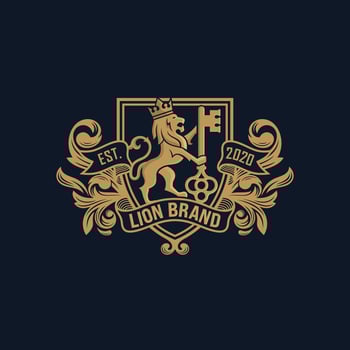 Lion heraldry emblem modern line style with a shield and crown - vector illustration