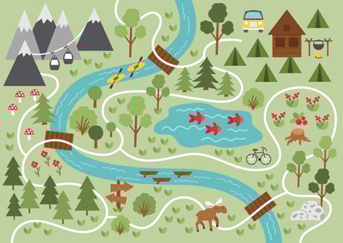 Camping map. Summer camp background. Vector nature clip art or infographic elements with mountains, trees, forest, moose, river, bike, cable car. Hiking, trekking or campfire plan.