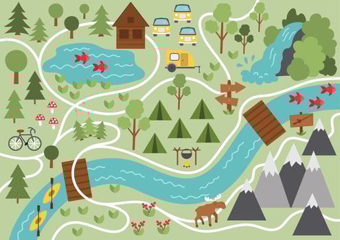Camping map. Summer camp background. Vector nature clip art or infographic elements with mountains, waterfall, trees, forest, moose, river. Hiking, trekking or campfire plan.